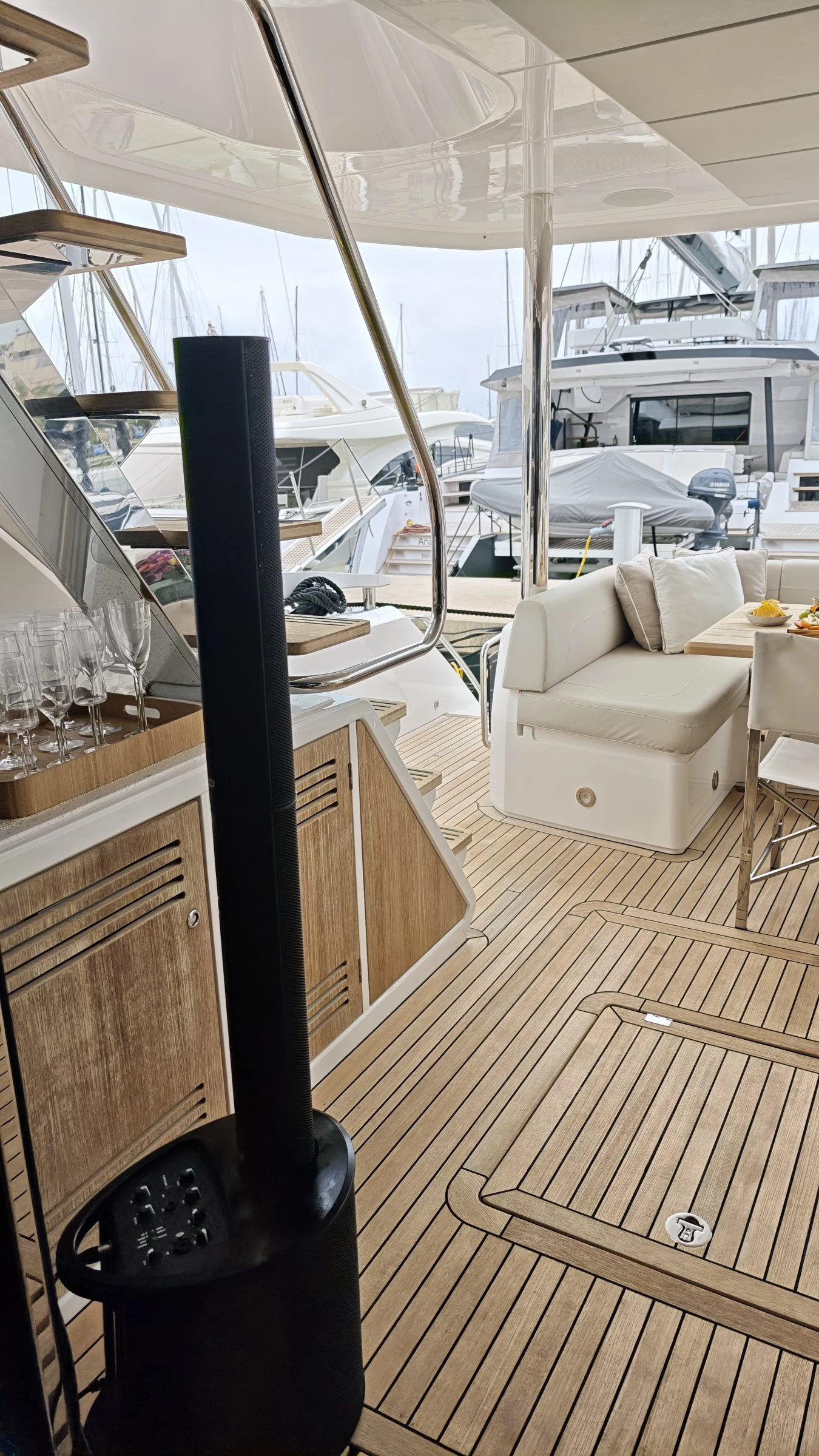 Column speaker on the deck of a yacht in Palma harbour